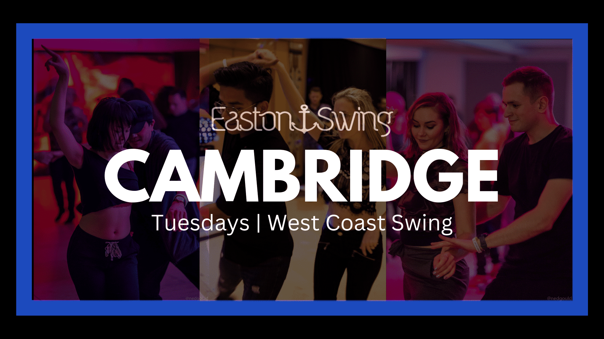 West Coast Swing Cambridge, people enjoying dancing with emboldened white text explaining class details