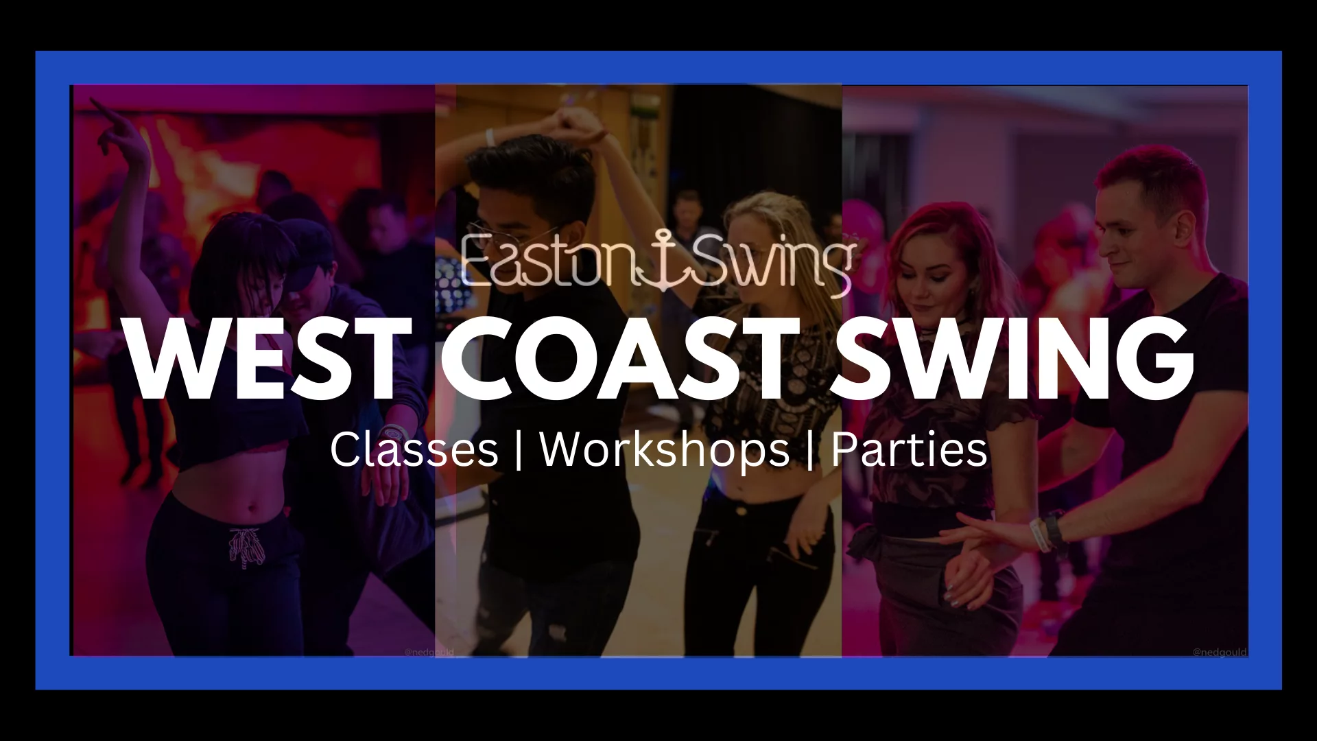 West Coast Swing dancers having fun with white emboldened text displaying company logo. West Coast Swing Crew.