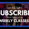 Weekly Class Subscription, people dancing with white emboldened text advertising website subscription