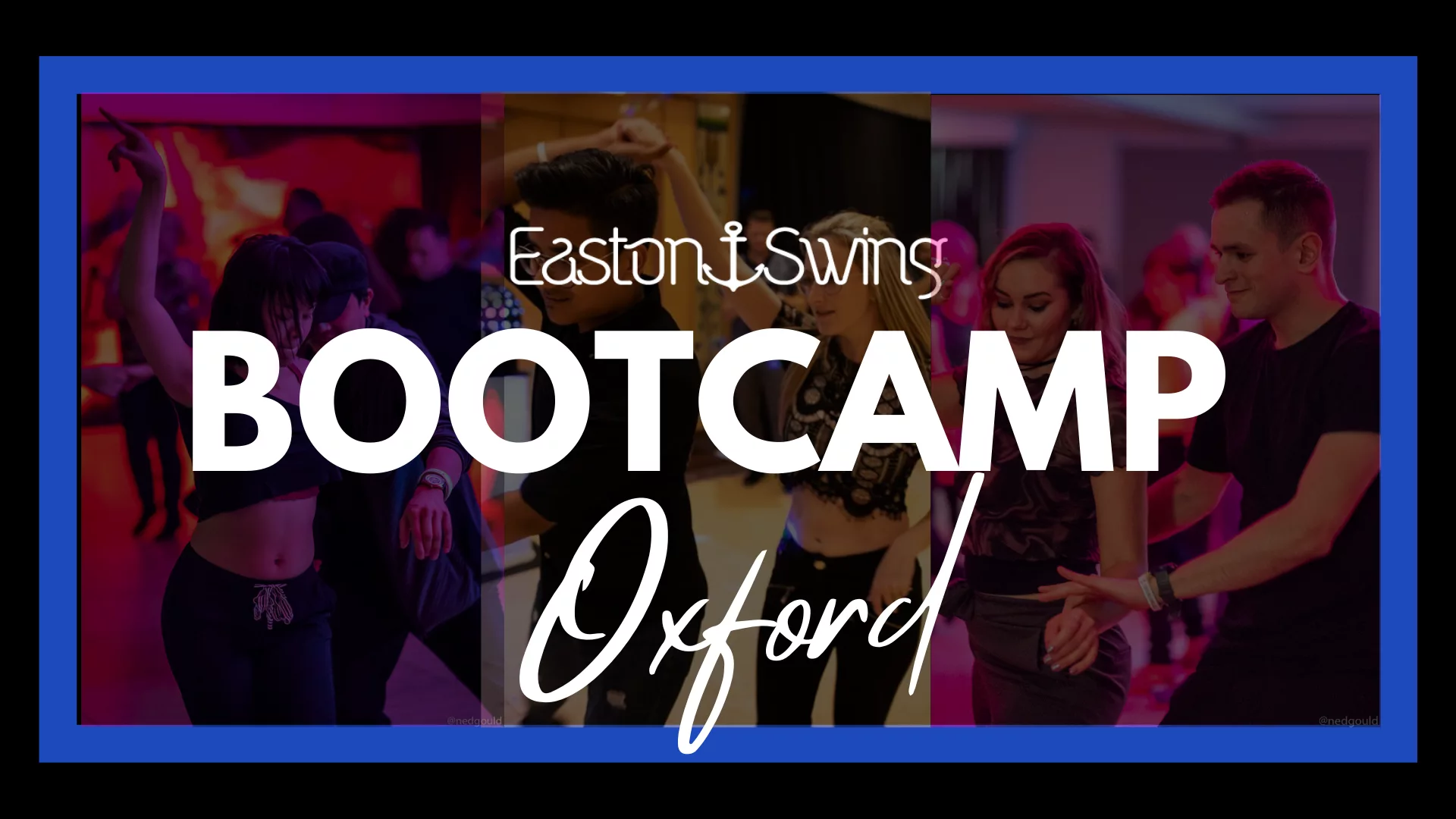 West Coast Swing Bootcamp. Photo depicting dancers enjoying themselves dancing West Coast Swing. With Embolded white text overlayed explaining the location of the classes.