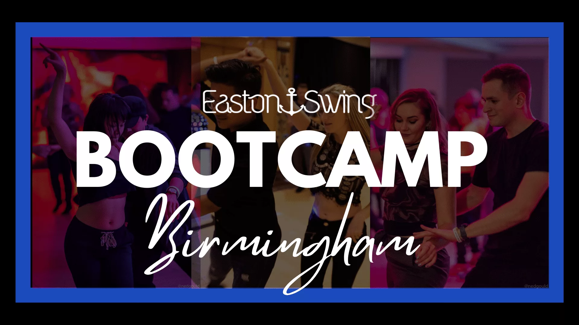 West Coast Swing Bootcamp. Photo depicting dancers enjoying themselves dancing West Coast Swing. With Embolded white text overlayed explaining the location of the classes.